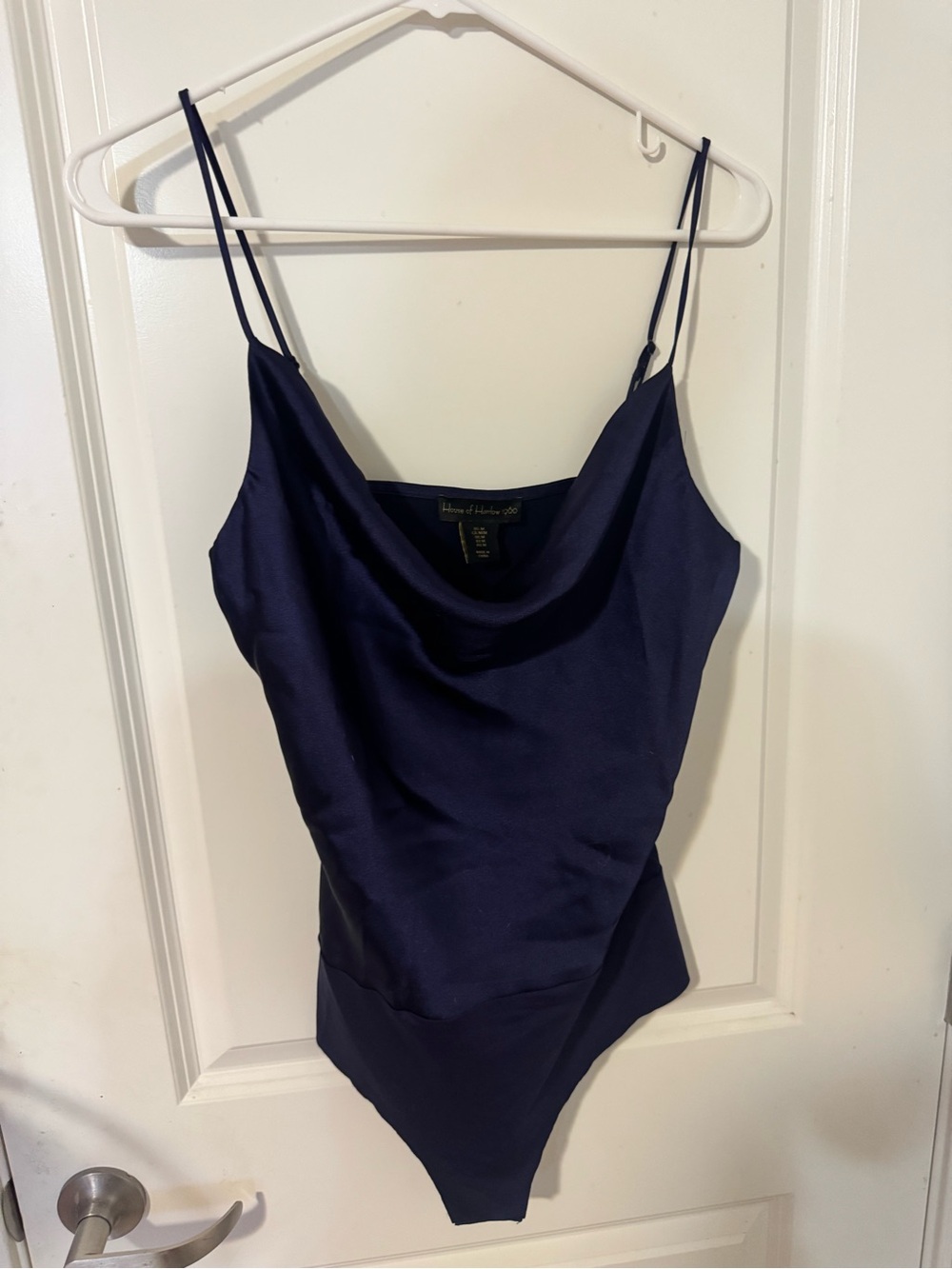 House of Harlow 1960 Navy Satin Cowl Bodysuit